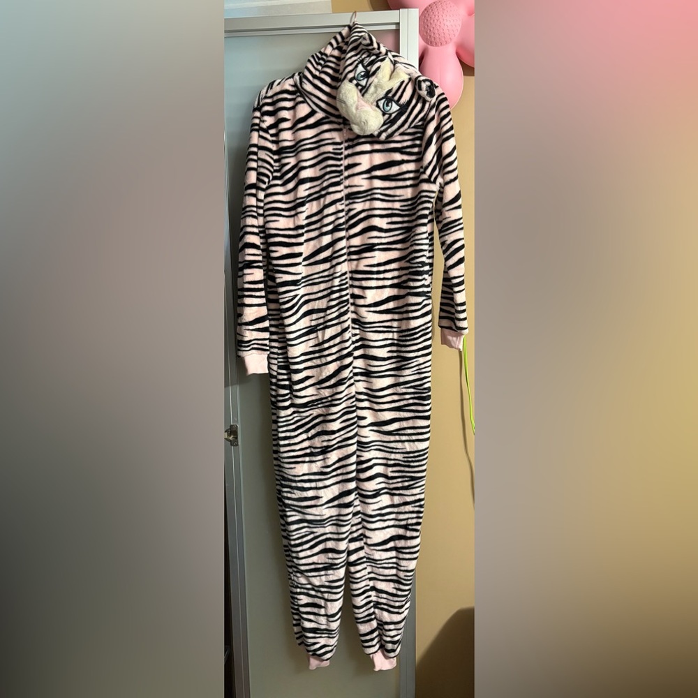 Forever 21 Cat Kitty Pink and Black Zebra Fuzzy Plush Onesie/halloween costume